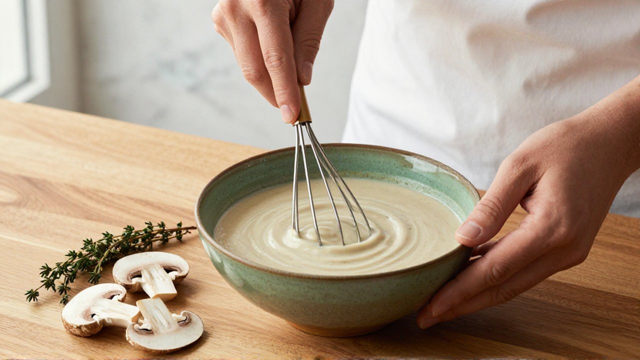 Manos de chef batiendo una cremosa sopa de champiñones en un cuenco de cerámica.