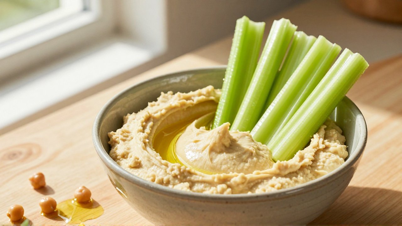 Hummus cremoso en un cuenco de cerámica acompañado de bastoncitos de apio fresco sobre madera.