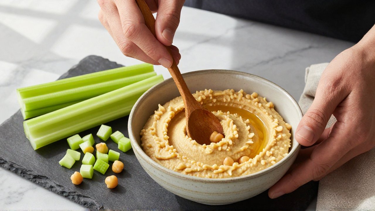 Unas manos mezclan hummus cremoso en un cuenco junto a tallos de apio frescos.