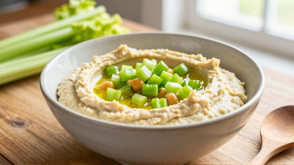 Hummus cremoso en un cuenco de cerámica decorado con apio picado y aceite de oliva.