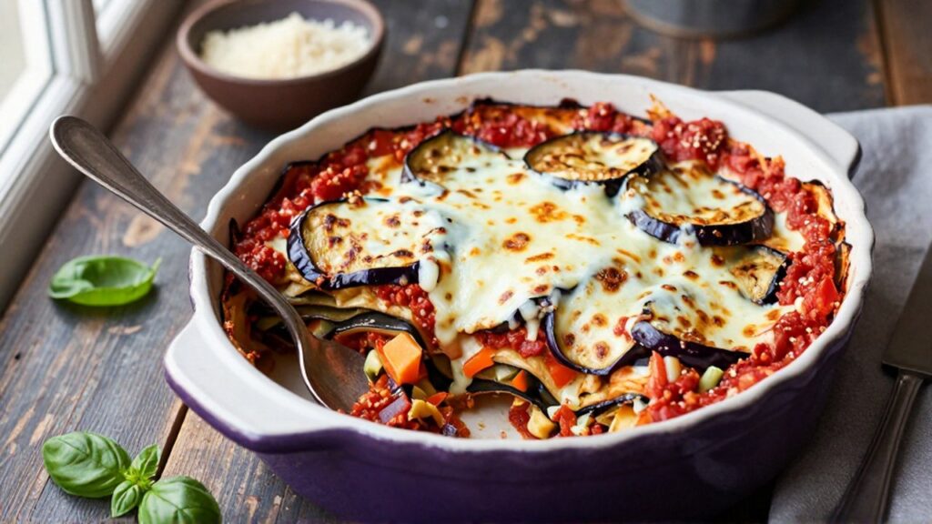 Una lasaña de berenjena con queso fundido y salsa de tomate en una mesa de madera.