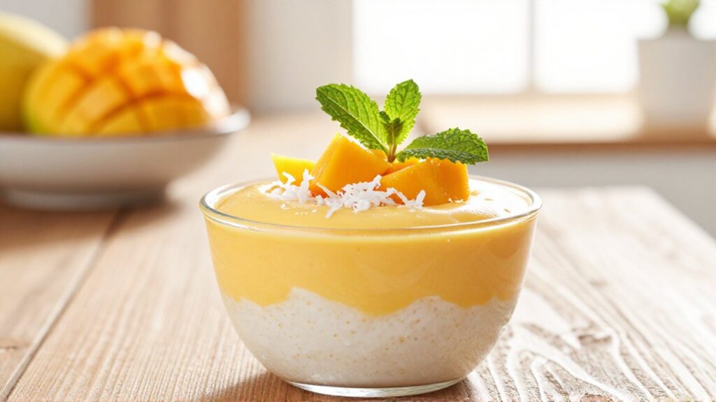 Mousse de mango sobre base de coco en un bol de vidrio sobre madera.