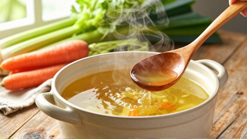 Caldo de verduras humeante en un cuenco de cerámica sobre una mesa de madera.