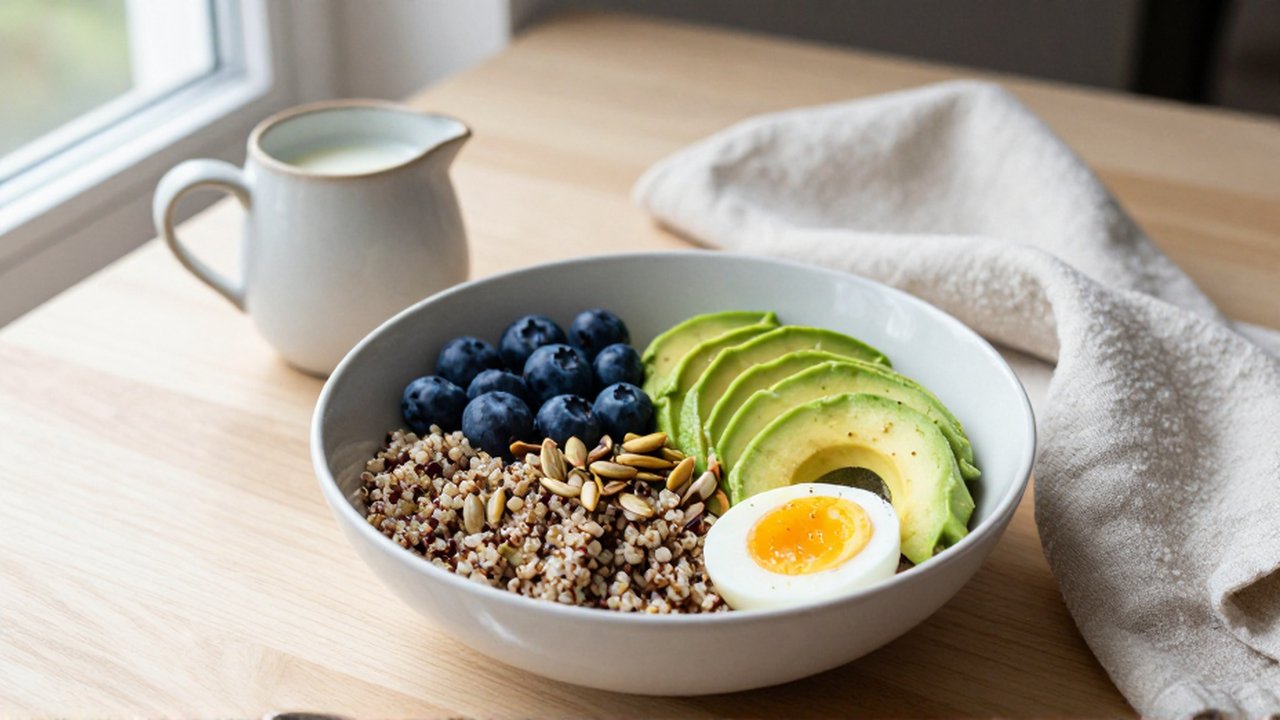Bowl de desayuno con quinoa, aguacate, arándanos y huevo sobre una mesa de madera clara.