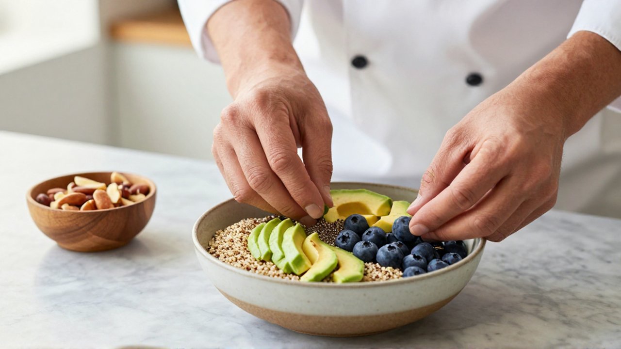 Manos de chef organizando quinoa, aguacate, arándanos y chía en un tazón sobre mármol.
