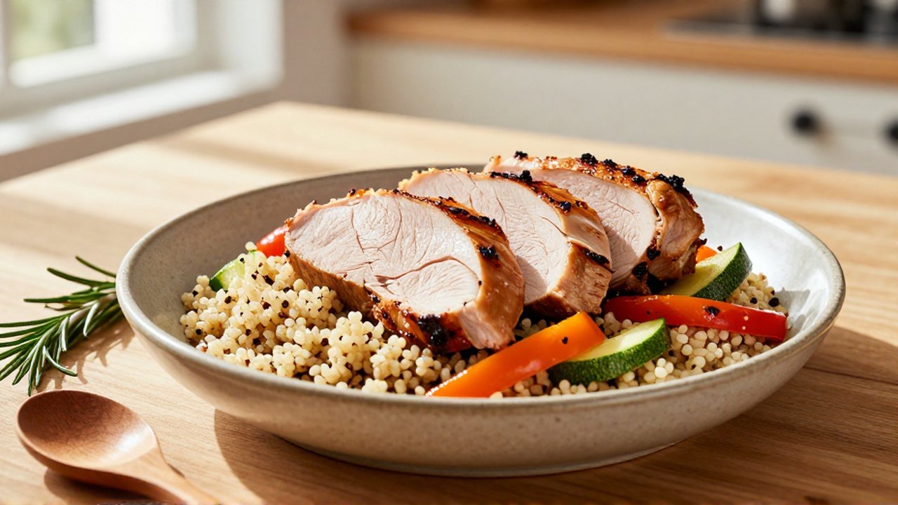 Pechuga de pavo asada rebanada sobre quinoa y vegetales salteados en un cuenco de cerámica.