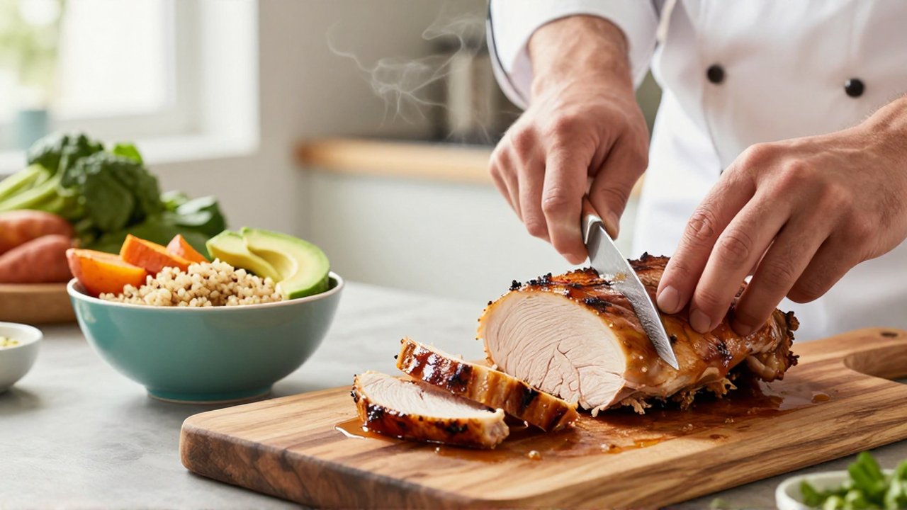 Manos de chef cortando pechuga de pavo asada junto a un tazón de quinoa con vegetales.