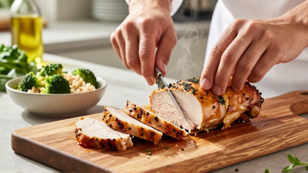 Manos de chef cortando una pechuga de pavo asada con quinoa y brócoli en una cocina luminosa.