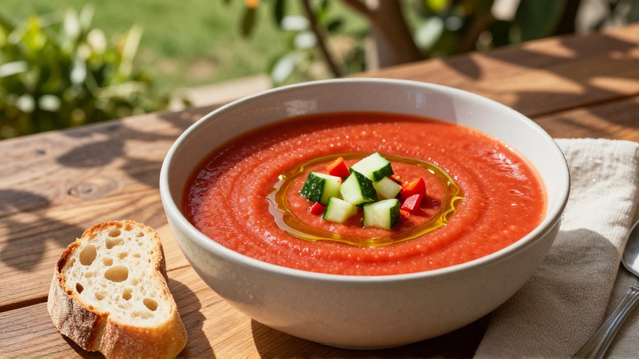 Un bol de gazpacho con vegetales frescos y pan de masa madre en una terraza soleada.