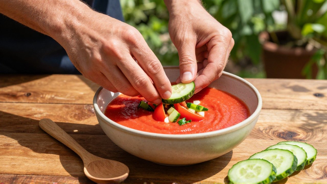 Manos de chef decorando un gazpacho con verduras frescas sobre una mesa de madera al aire libre.