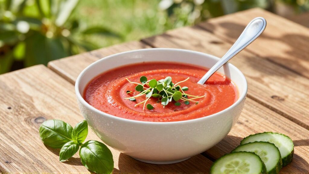 Un cuenco de gazpacho rojo con pepino y albahaca sobre una mesa de madera en un patio soleado.