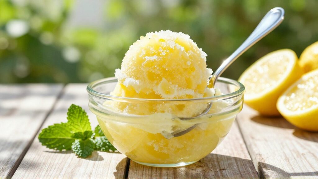Sorbet de limón y lima en un bol de cristal sobre una mesa de madera en un jardín soleado.