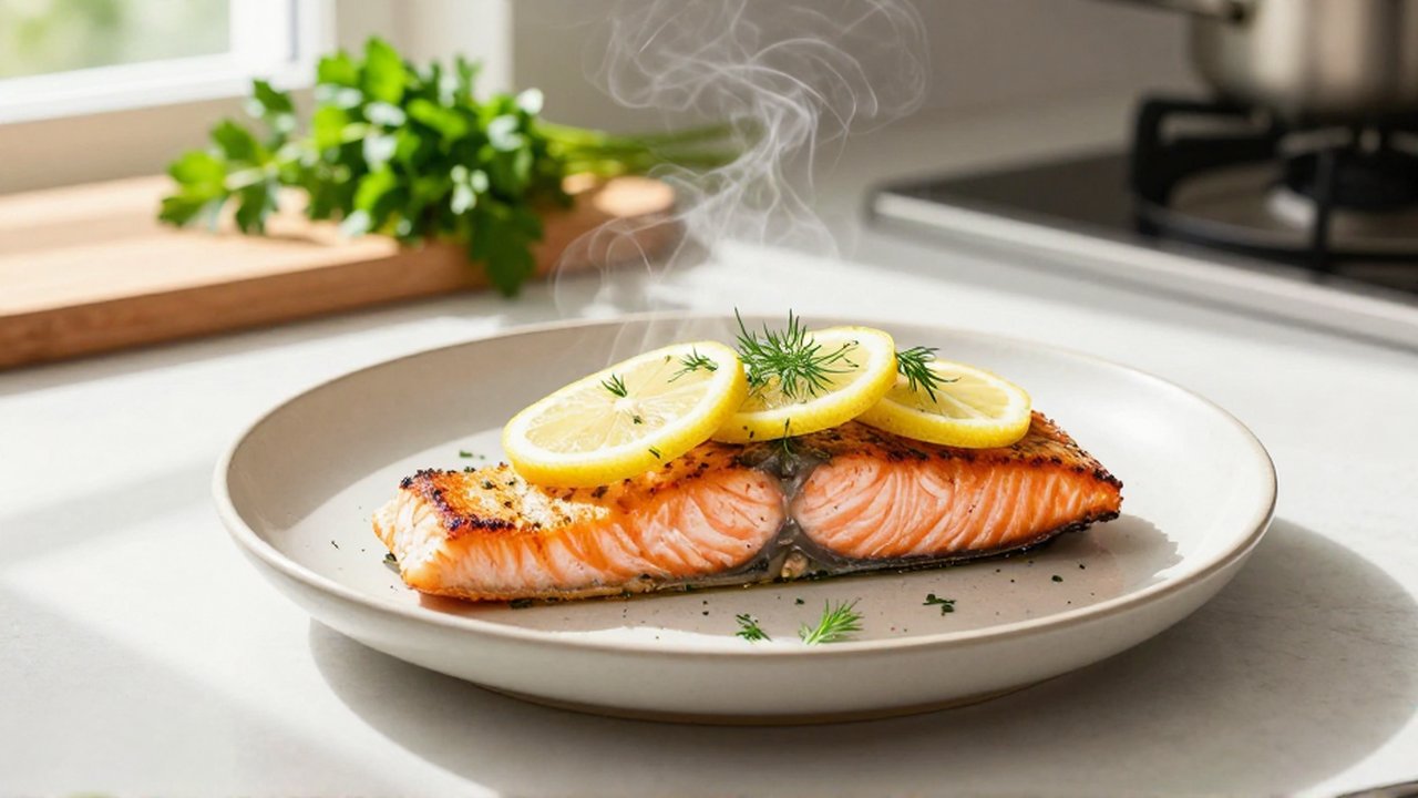 Filetes de salmón sellado con rodajas de limón y eneldo sobre un plato de cerámica.