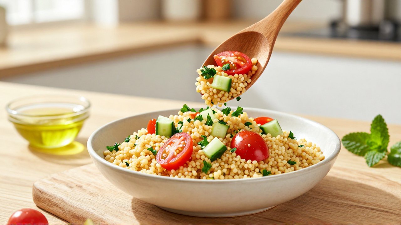 Una cuchara de madera mezcla bulgur con pepino, tomates y perejil en un cuenco cerámico.